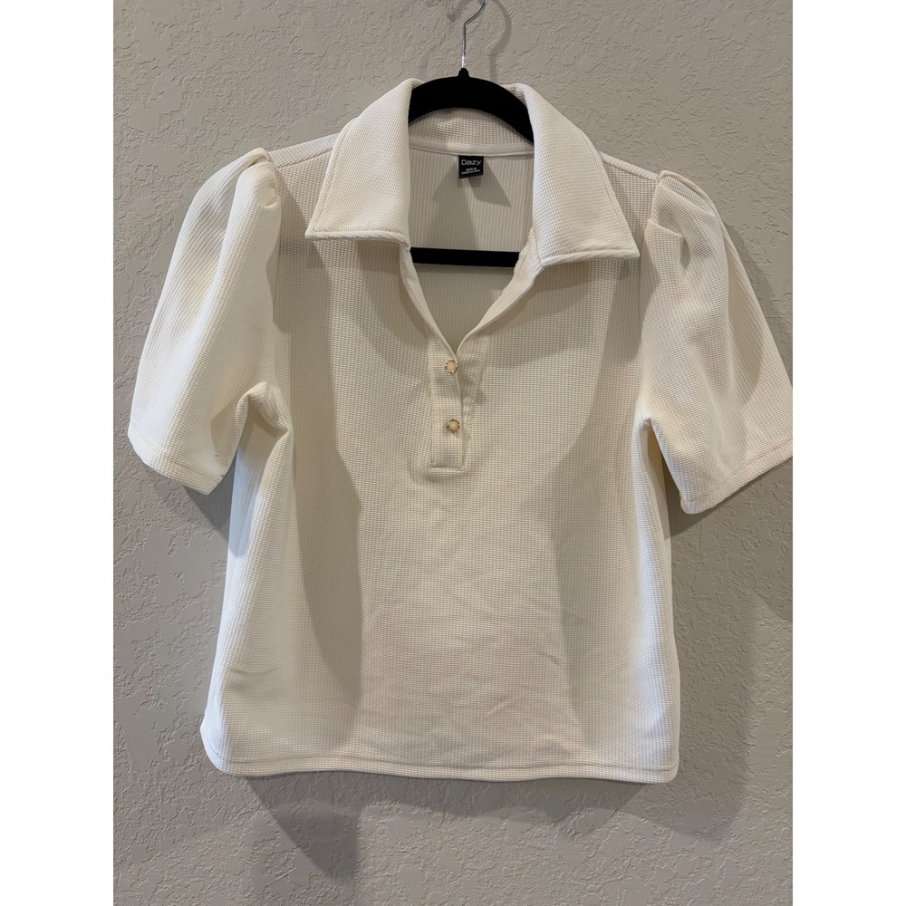 Dazy Waffle Knit Polo Shirt Cream Puff Sleeve Top Size M